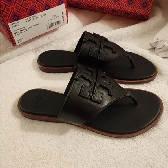 NIB Tory Burch Weston Full Logo Thong - Perfect Black - 6.5 - Picture 3 of 6